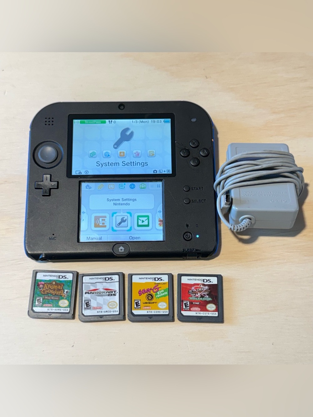 Nintendo 2DS Red & Black Handheld System Tested Good w/2Chargers-1Game Read Blw!
